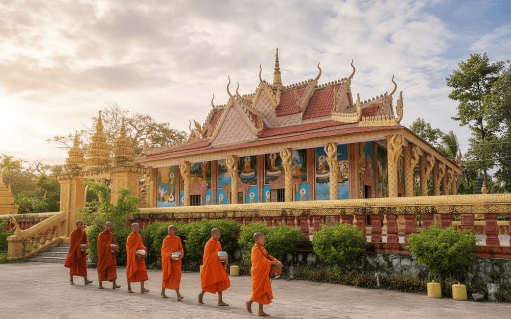 Chùa Xiêm Cán sở hữu kiến trúc đậm chất Khmer Nam Bộ – vừa rực rỡ, cầu kỳ, vừa mang nhiều ý nghĩa tâm linh sâu sắc